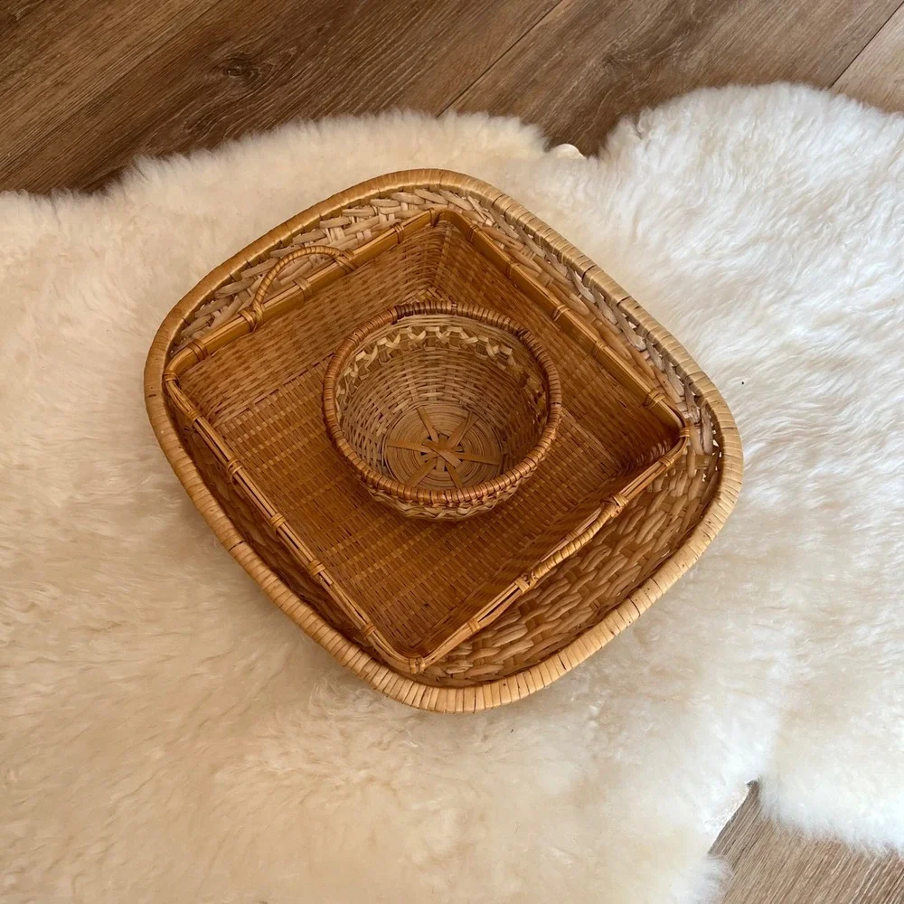 Vintage Woven Basket Lot Set of 3 - Wicker Rattan Boho Decorative Trays